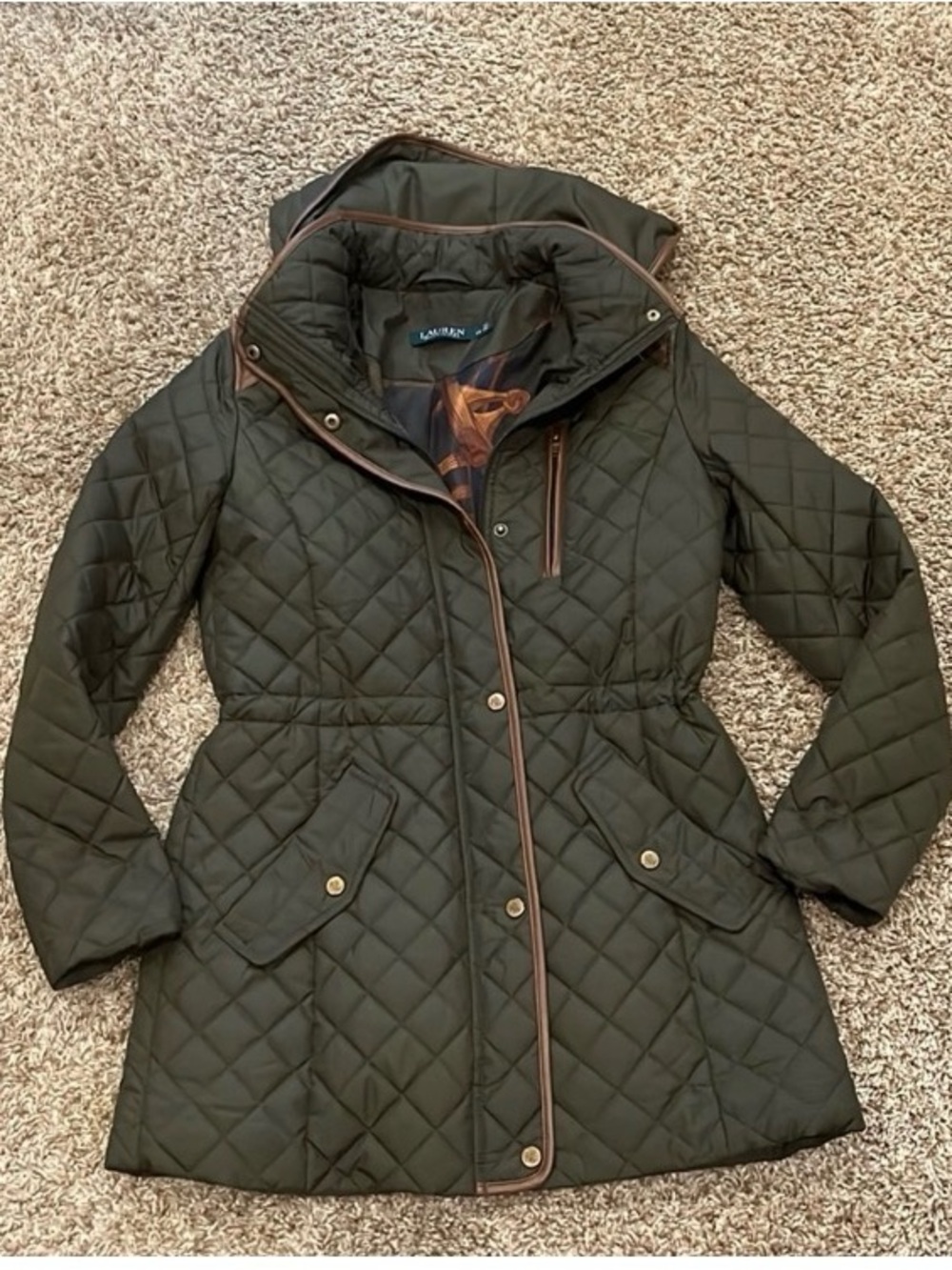 Lauren Ralph Lauren Quilted Hooded Puffer Jacket - Olive Green with Brown Trim - Picture 2 of 6